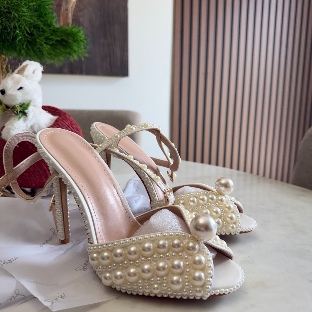 Pearl-Embellished Ivory Women’s Heeled Sandals
